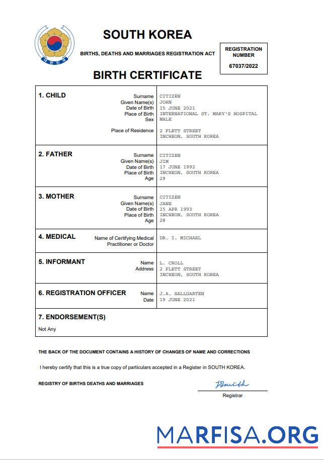 Blank South Korea birth certificate Word and PDF template